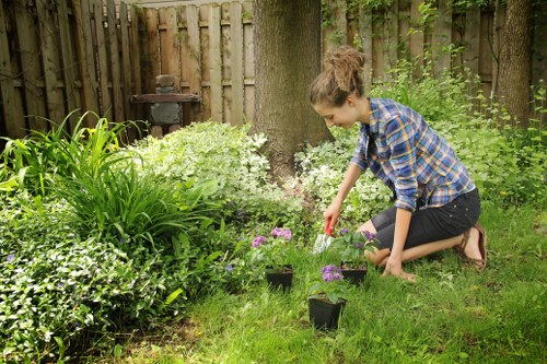Professional gardeners in Coney Hall improving a landscaped border